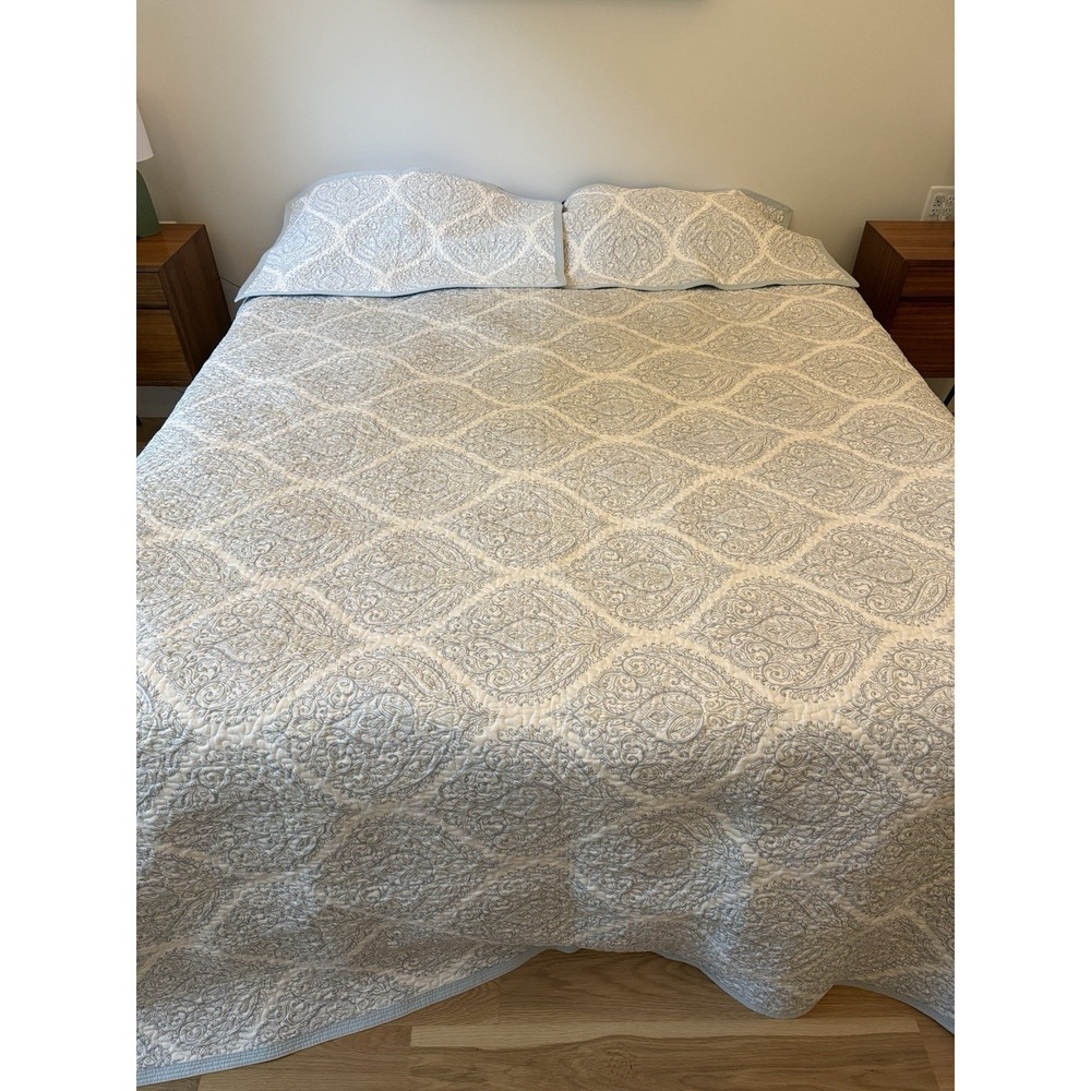 Company Store King Coverlet 2 Shams Set Blue Sage Paisley Cotton Quilt VTG